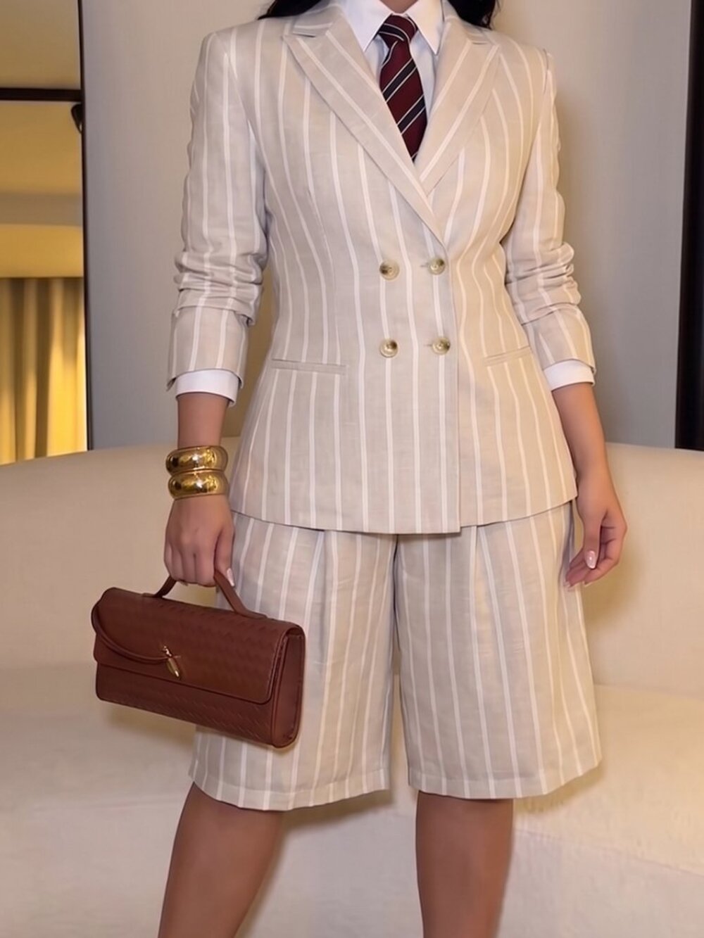 Apricot Elegant Women's Regular Fit Striped Bermuda Shorts Set